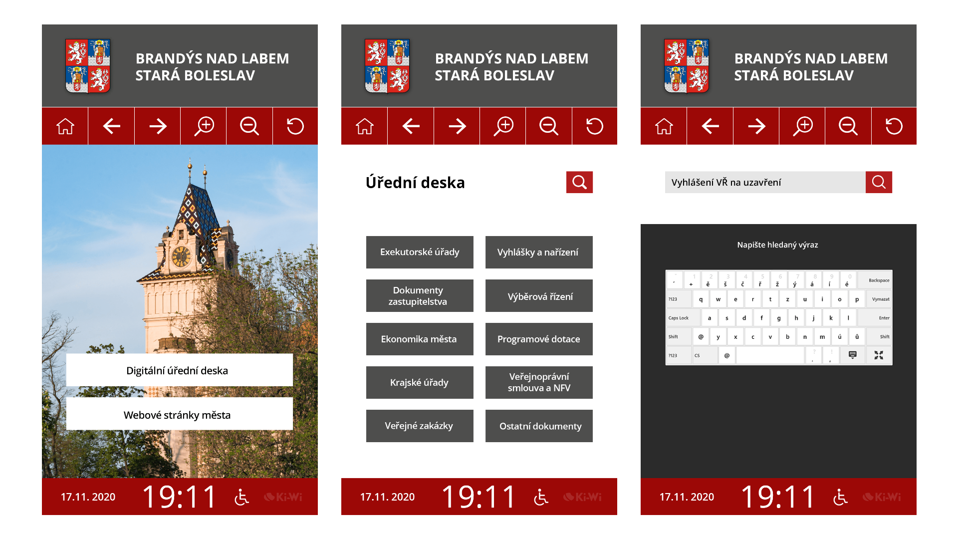 Tři ukázky rozhraní digitální úřední desky: vstup, menu a vyhledávání dokumentů