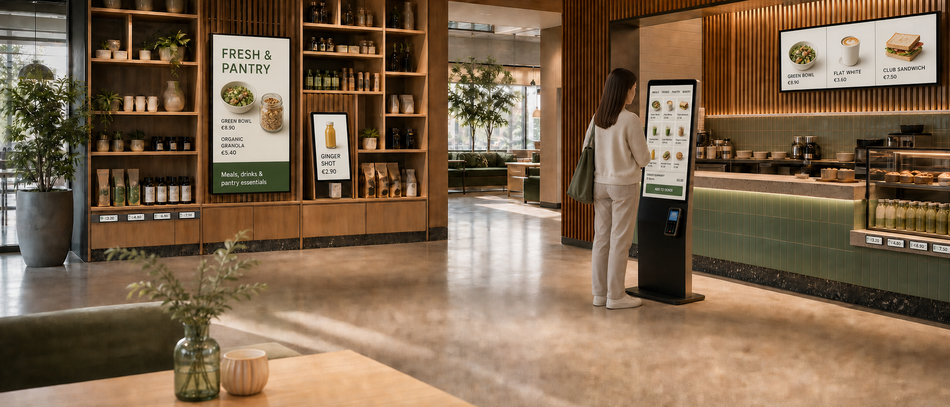 Illustrated retail space with digital displays, electronic price labels and a self-service payment kiosk