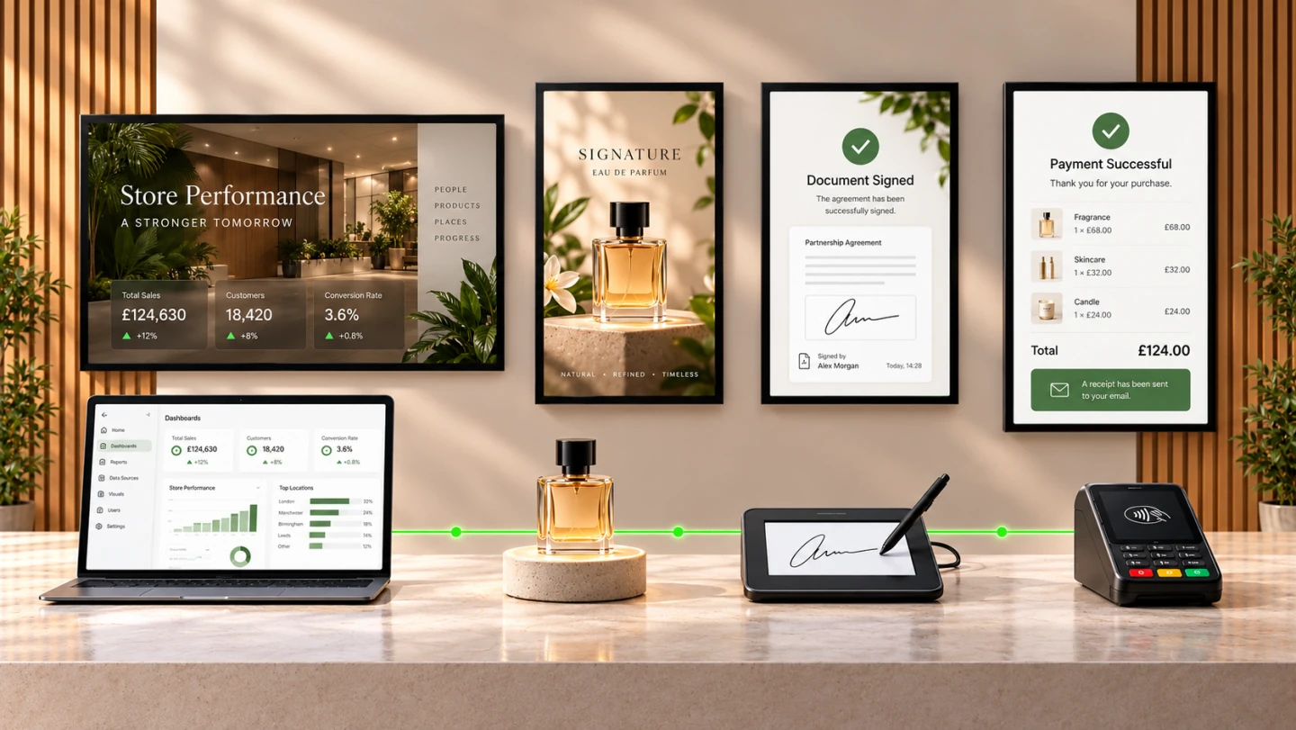 Illustration of reports, a product sensor, a signature pad and a payment terminal connected to screens.