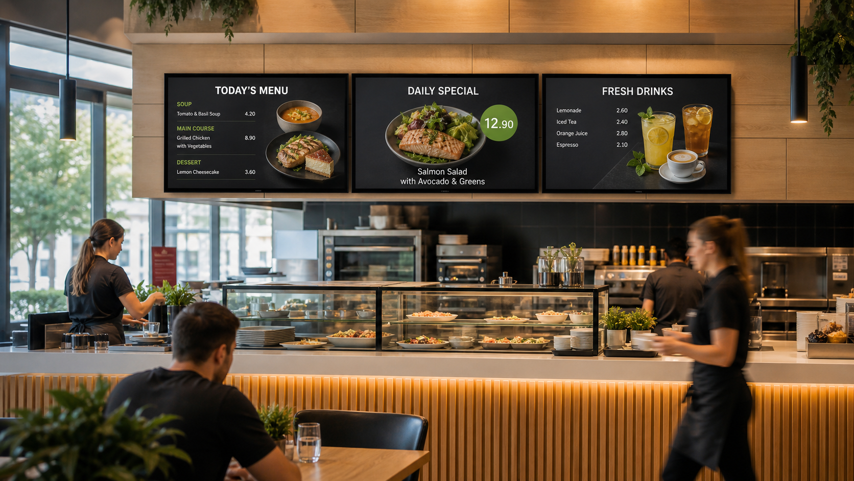 Digital menus with dishes, prices and a daily promotion in a modern bistro