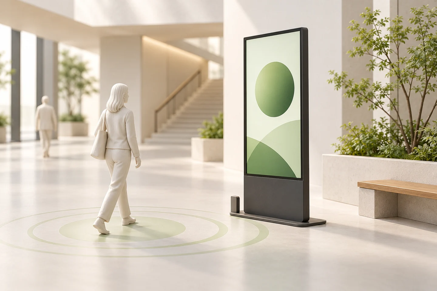 Illustrative concept: a person approaches a digital display, with subtle rings indicating their presence.
