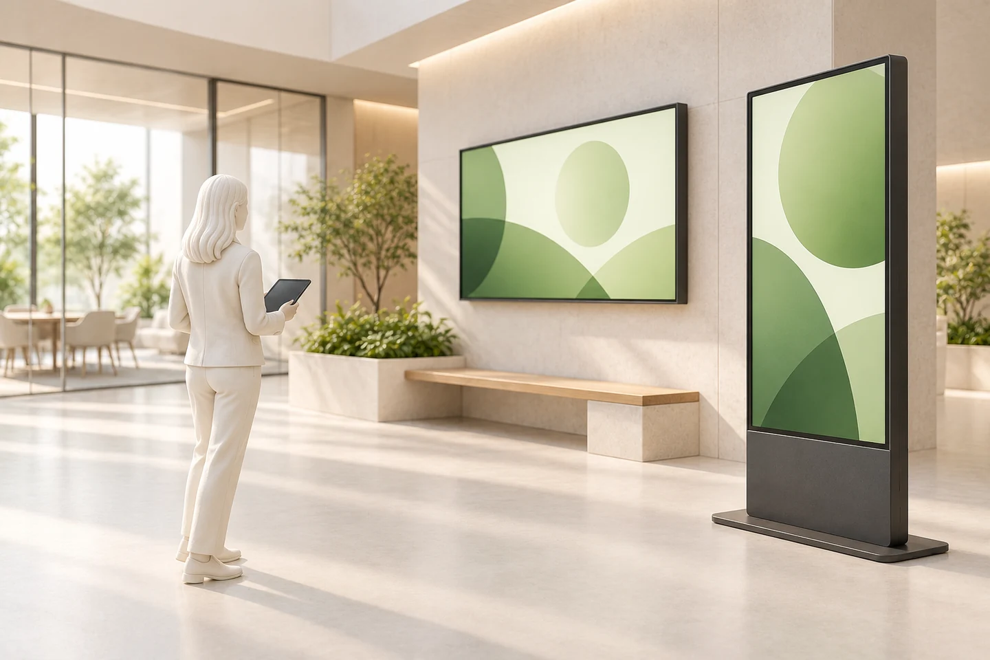 Illustrative concept: a person with a tablet and two digital displays showing connected visual content.