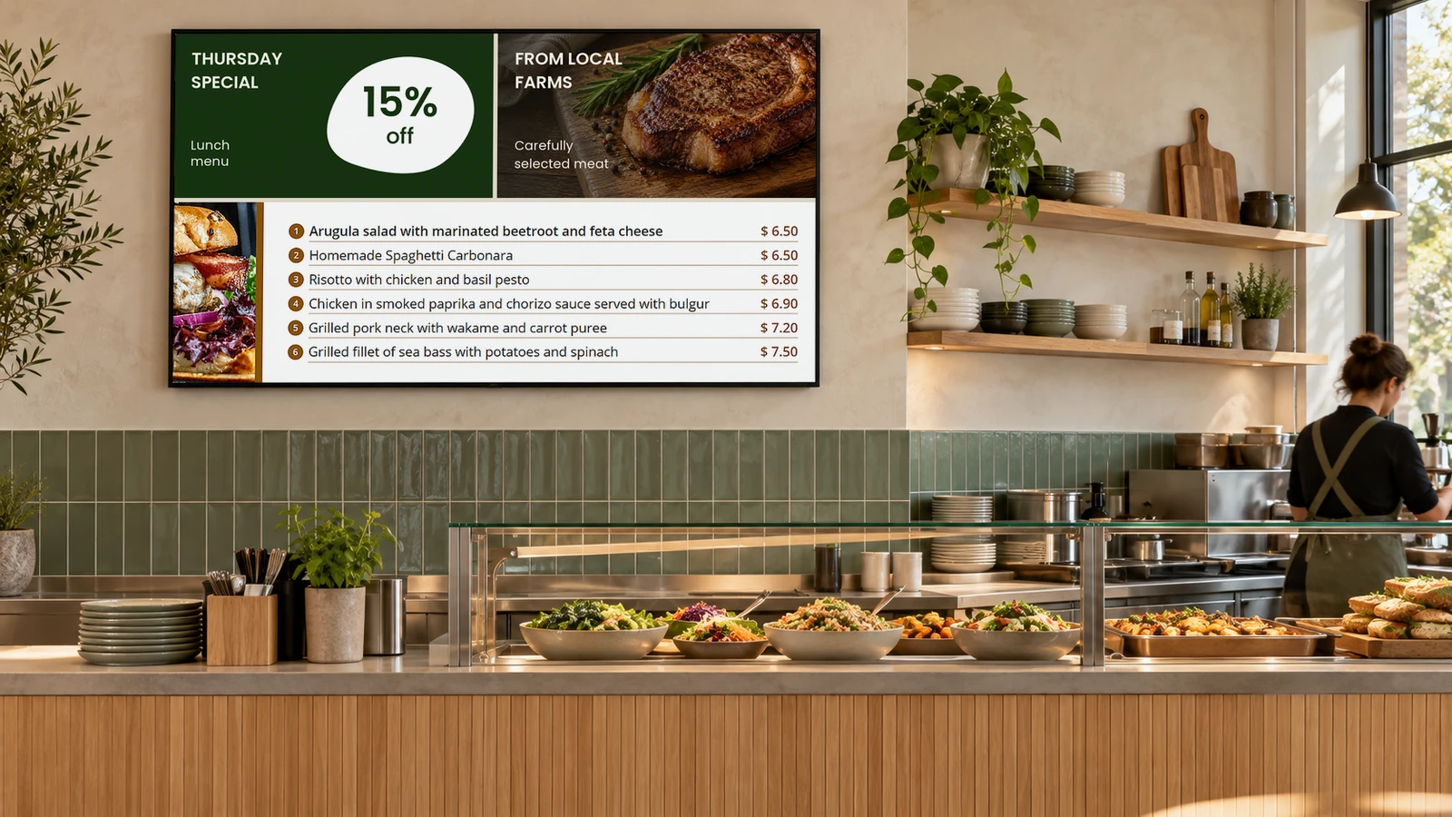 Digital menus with dishes, prices and a daily promotion in a modern bistro