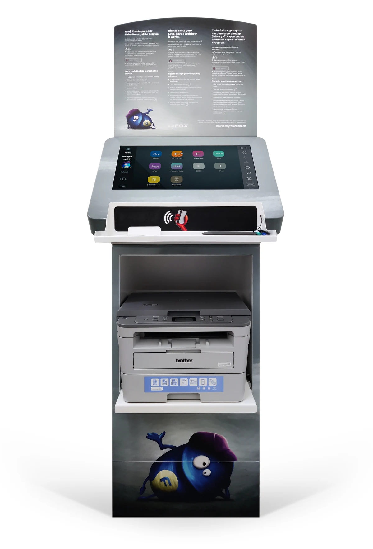 Kiosk Foxconn s displejem, čtečkou, podpisovým padem a tiskárnou