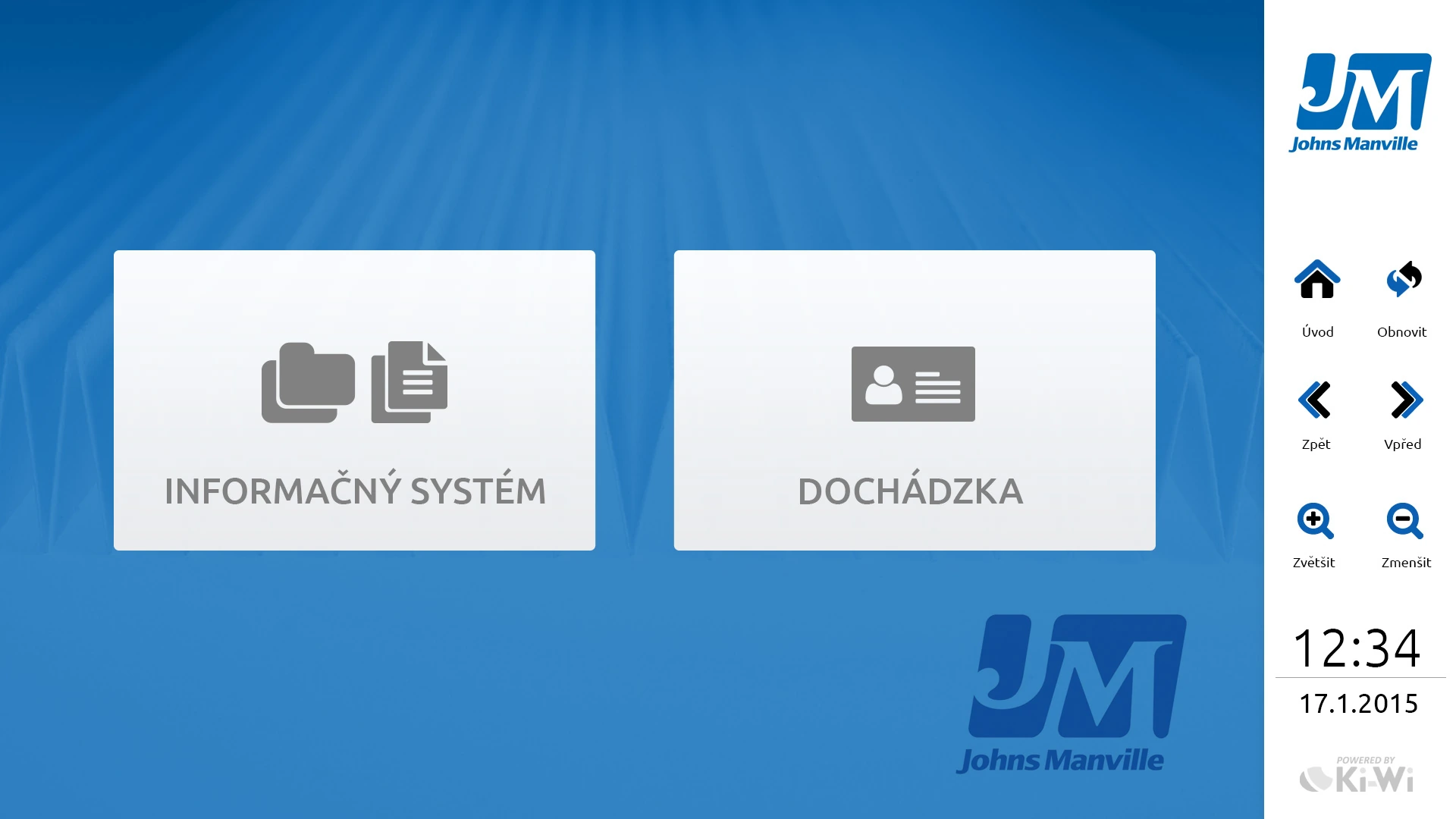 The Johns Manville kiosk menu with Information System and Attendance options