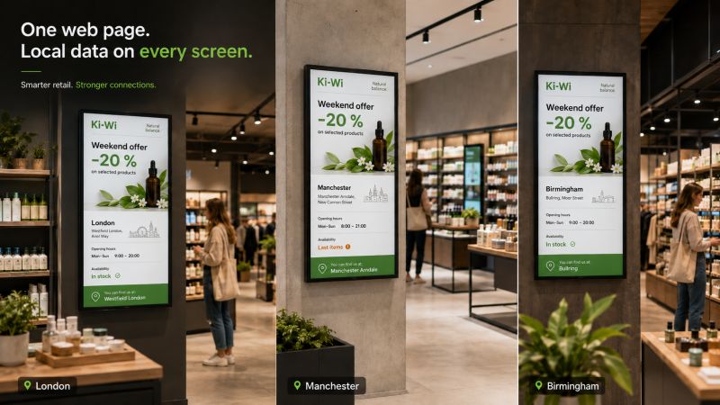 One web page shows local content on screens in different cities