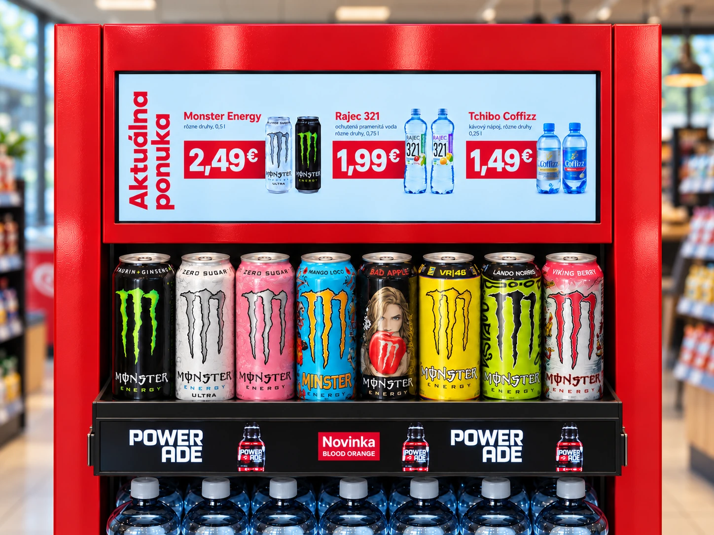 Čelní pohled na cenový regál ORLEN s jemně rozostřeným okolím prodejny, nabídkou nad produkty a úzkým displejem Powerade v hraně police.