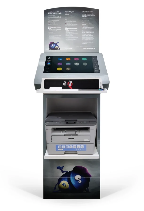 A Foxconn employee kiosk with a card reader, signature pad and printer