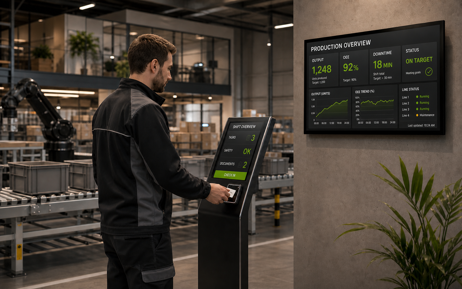 An employee signs in at a terminal with shift tasks beside a live production overview