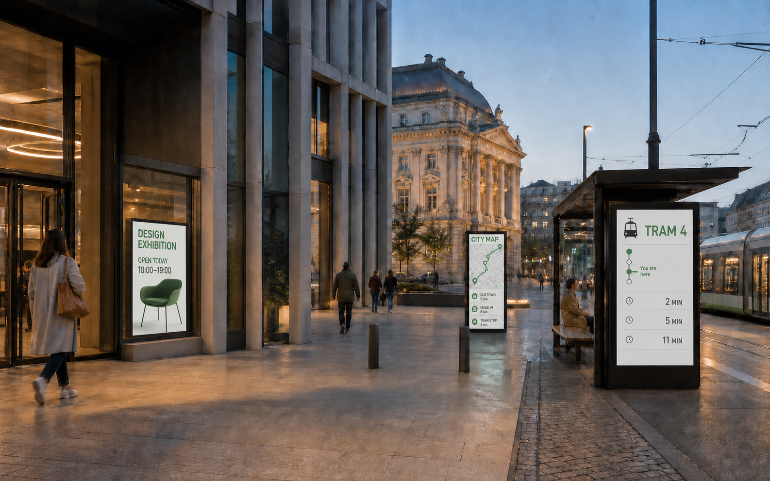 An exhibition display, a city wayfinding kiosk and live tram departures in one Prague streetscape