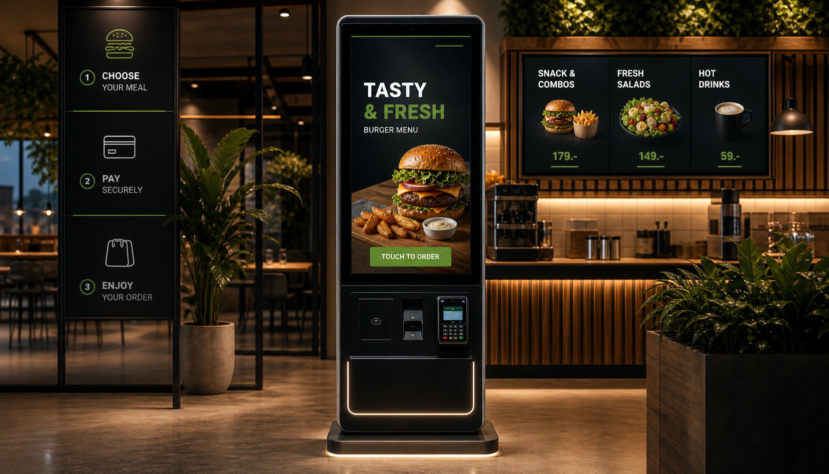 Self-service ordering kiosk with a payment terminal and digital menus